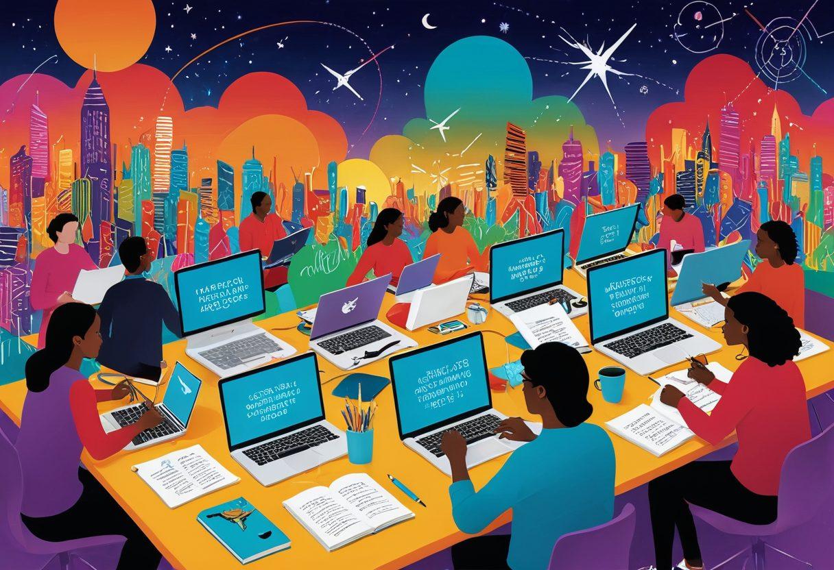A dynamic virtual community composed of diverse individuals collaborating on laptops and tablets, surrounded by creative writing tools and inspirational quotes. Illustrate a vibrant digital landscape with interconnected nodes symbolizing communication, ideas, and resources. Emphasize a sense of transformation and empowerment through writing. Colorful and energetic atmosphere. 3D illustration. vibrant colors.