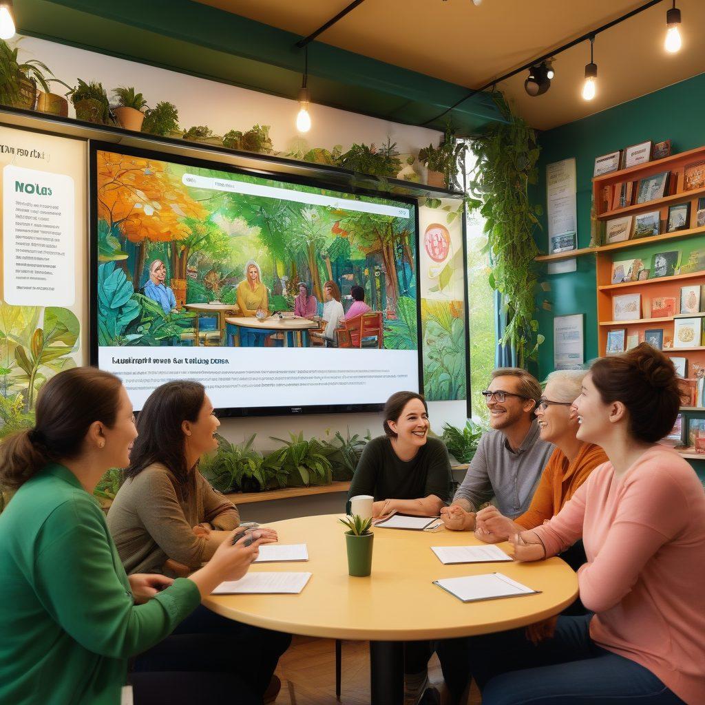 A diverse group of people gathered around a large digital screen displaying a colorful community blog, with one person passionately speaking while others listen attentively. The background features a cozy café setting with plants and bookshelves, symbolizing connection and collaboration. Emphasize a warm, inviting atmosphere and include speech bubbles showcasing different opinions and ideas. vibrant colors. super-realistic.