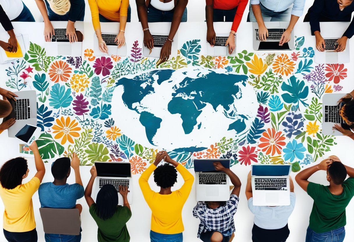 A vibrant collage depicting diverse individuals engaged in community blogging, with laptops and digital devices showcasing various blog posts and social media interactions. Include symbols of community like a globe, diverse hands working together, and imagery of nature and technology blending harmoniously. The overall atmosphere should radiate energy and collaboration. super-realistic. vibrant colors. white background.